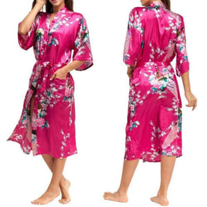 New Womens Long Style Satin Bathrobe Simulation Silk Summer Japanese Style Kimono Bathrobe