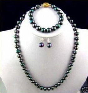 Real 8-9MM PERFECT TAHITIAN BLACK PEACOCK GREEN PEARL NECKLACE BRACELET EARRING