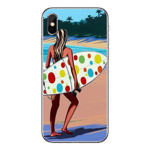 Surfboard and Surfing sunset Cool Soft Transparent TPU Phone Case For iPhone8 8Plus 7 7Plus 6DPlus 5S SE Surfer girl Case