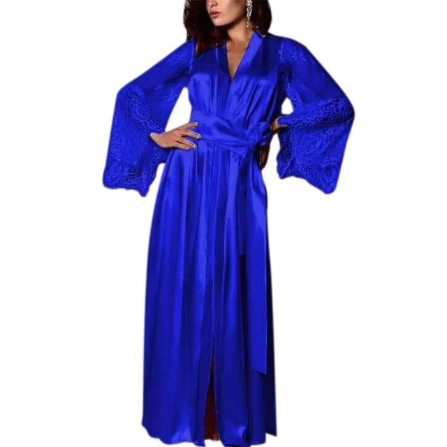 Long Open Front Faux Silk Lace-Sleeve Dressing Gown