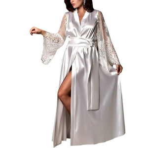 Long Open Front Faux Silk Lace-Sleeve Dressing Gown