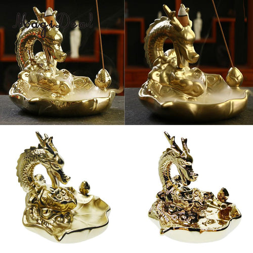 Incense Cones Ceramic Gold Dragon Incense Burner Smoke Backflow Waterfall Art Crafts Incense Cone Furnace