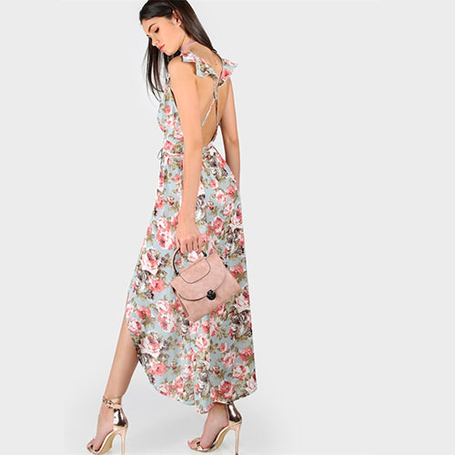 V-Neck Crisscross Backless Floral Rose Print