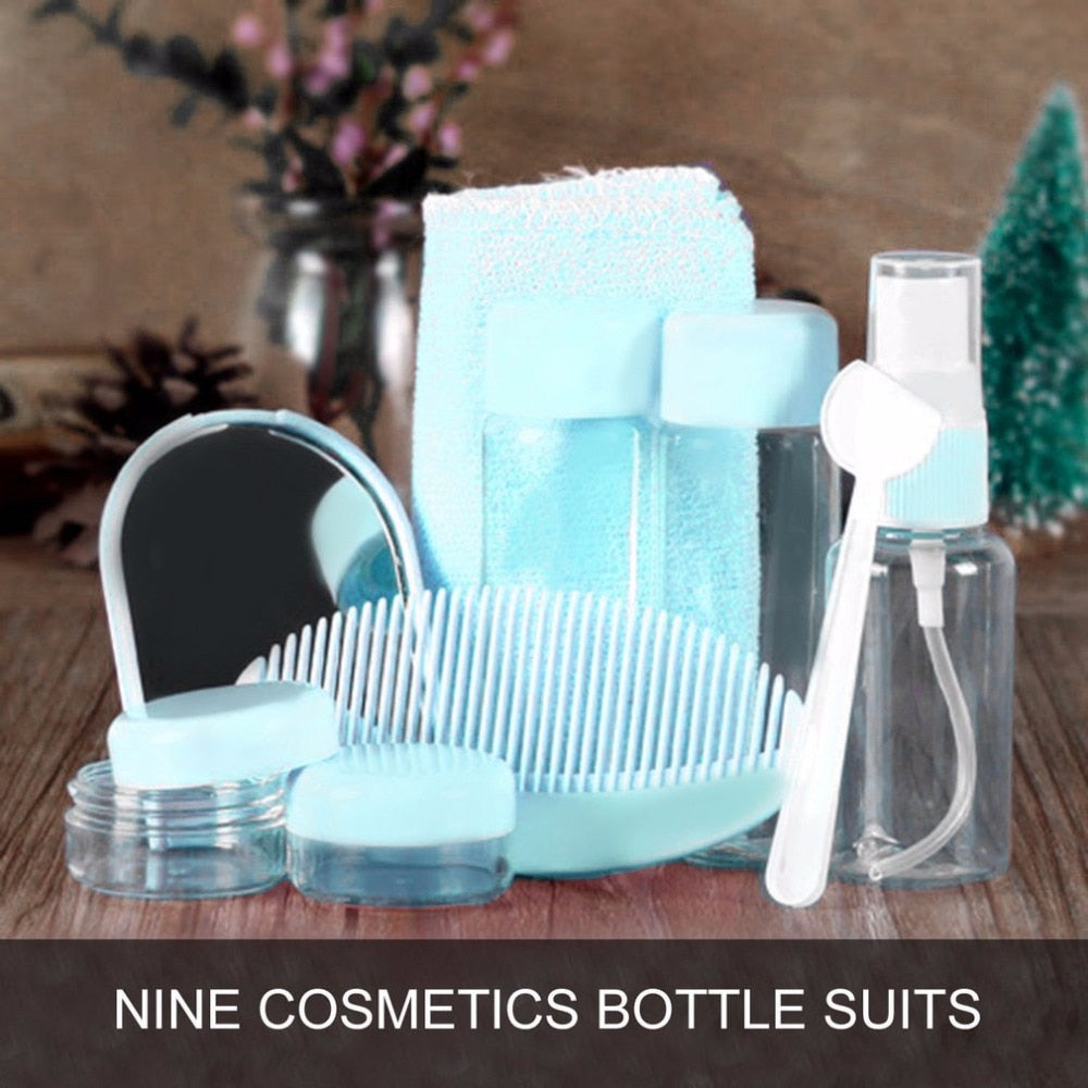 9pcs/set Cosmetic Packaging Bag Empty Spray Bottle Travel Transparent Plastic Perfume Shampoo Body Lotion Portable Kit