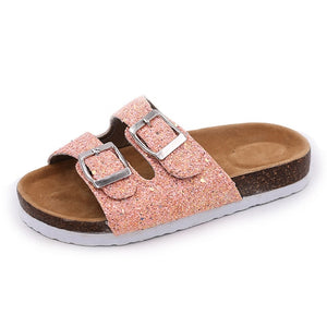 New Kids Slippers Summer Beach Children Cork Sandals Bling Sequins For Family Shoes Leopard Barefoot Flats Girls Slipper
