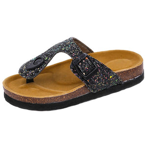 New Kids Slippers Summer Beach Children Cork Sandals Bling Sequins For Family Shoes Leopard Barefoot Flats Girls Slipper