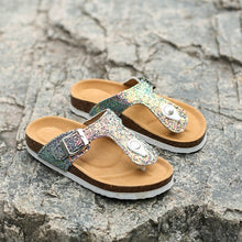 Load image into Gallery viewer, New Kids Slippers Summer Beach Children Cork Sandals Bling Sequins For Family Shoes Leopard Barefoot Flats Girls Slipper