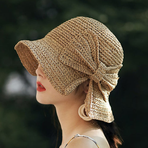 Wide Brimmed Raffia Bow Hat