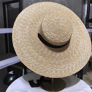 Women Summer Hat 15cm Large Brim Sun Hat w Black Ribbon